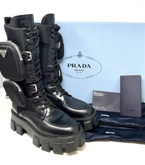 prada high heel combat boots|Prada Monolith Leather & Nylon Tall Combat Boots.